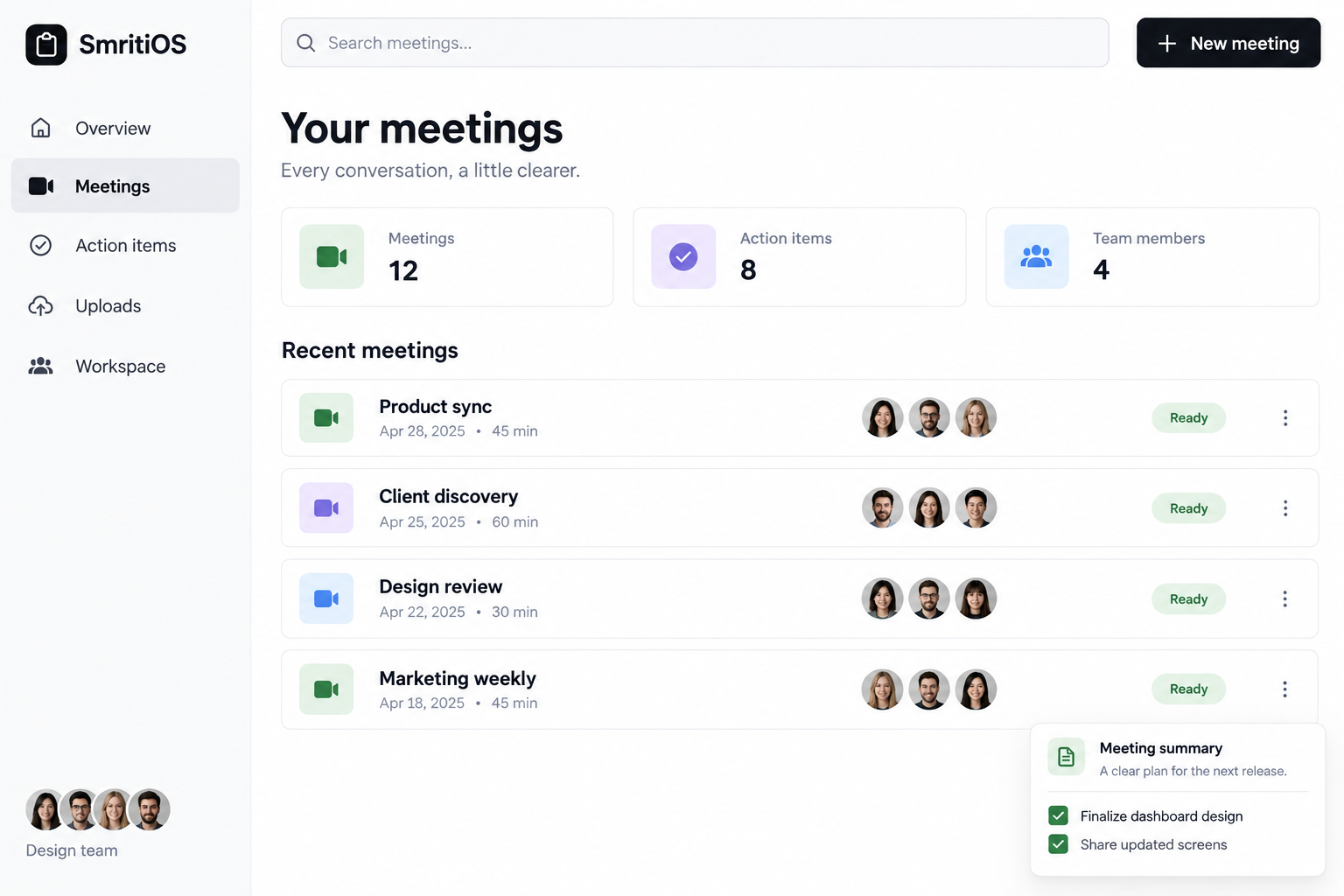 SmritiOS workspace with meeting summaries and follow-up tasks